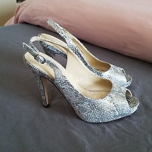 NIB Metallic Snake-Print Peep-Toe Pumps